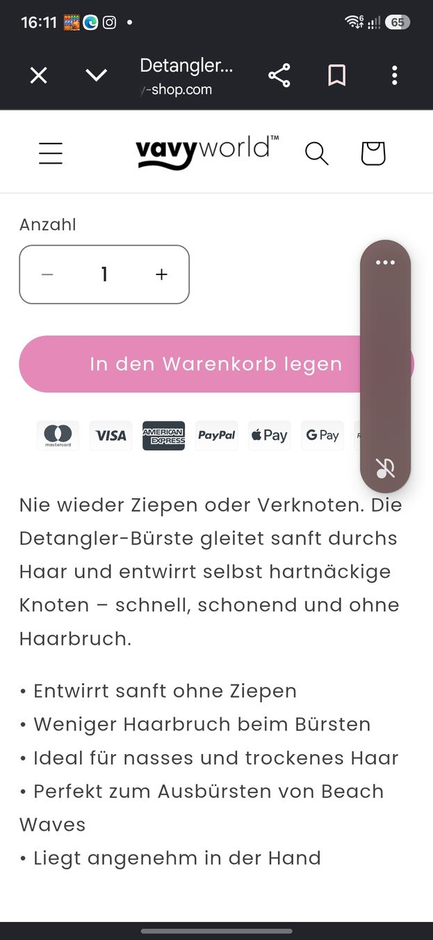 Altro per la cura dei capelli: Vavy Detangler-Bürste schwarz neu – Nuovo e nell'imballaggio originale da Kriens venduto da Nats1 1