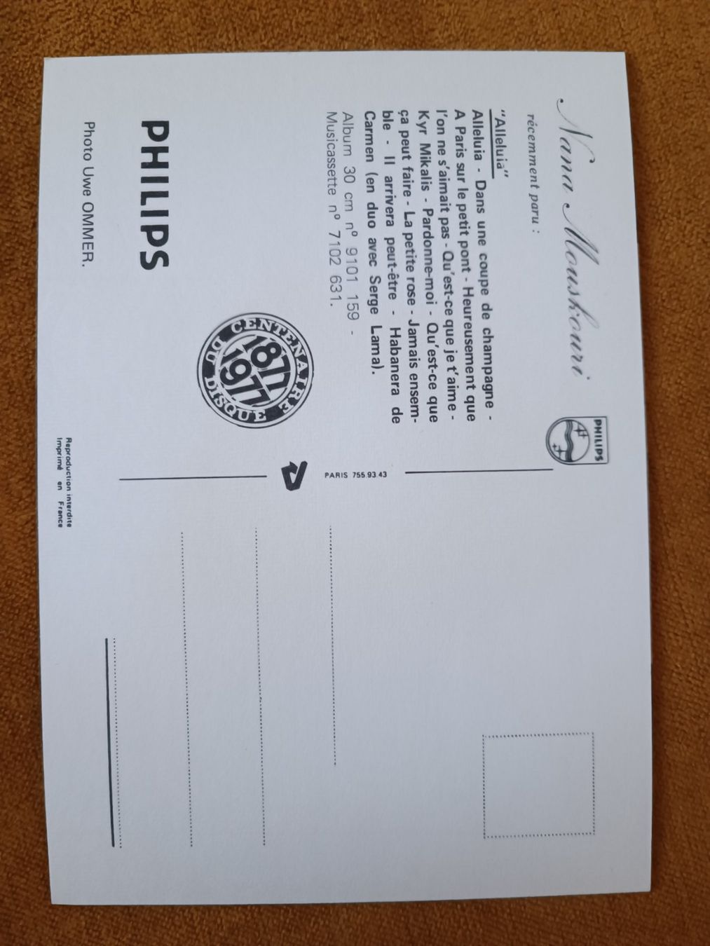 Autografi: Nana Mouskouri- handsigniert – Usato da Menziken venduto da Artographs 1