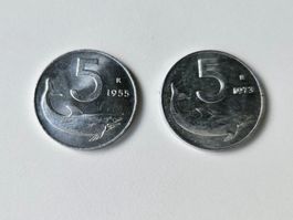 lot de 2 pièces de 5 Lires République Italienne 1955 - 1973