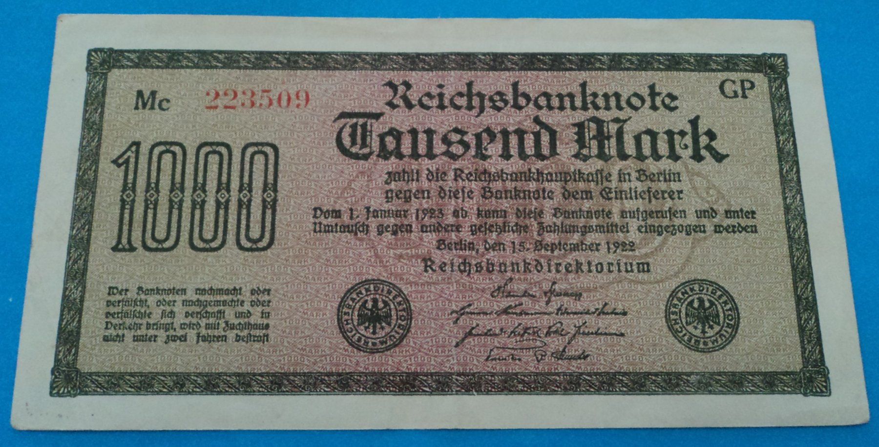 Banconote: Deutschland: 1000 Mark 1922, SS – Usato da Basel venduto da maripas17