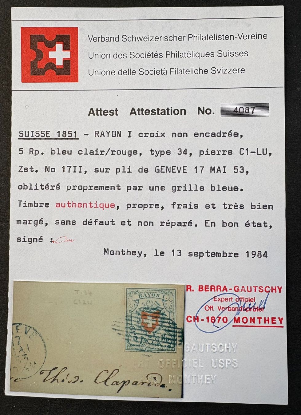 Alle Briefmarken: FALTBRIEF SCHWEIZ 1851 RAYON I MIT ATTEST – Gebraucht aus Ostermundigen von Heavenmaus75 2