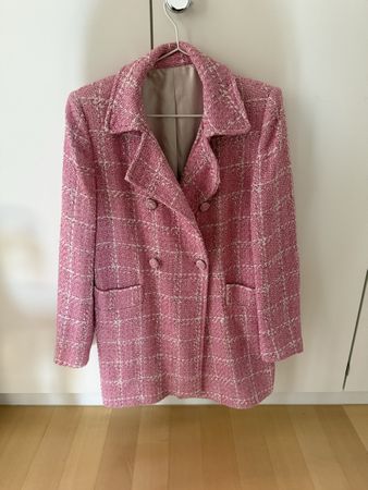 Zara Damen Blazer lang kariert rosa weiss zweireihig Grösse 