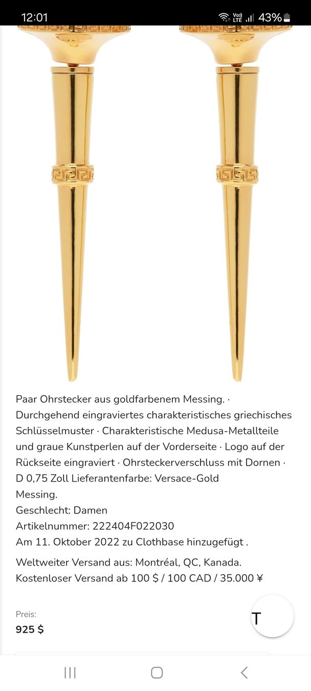Versace Ohrringe & -stecker: Versace Ohrstecker, goldfarbenes Messing, und Perle – Gebraucht aus Veltheim AG von gave04 1