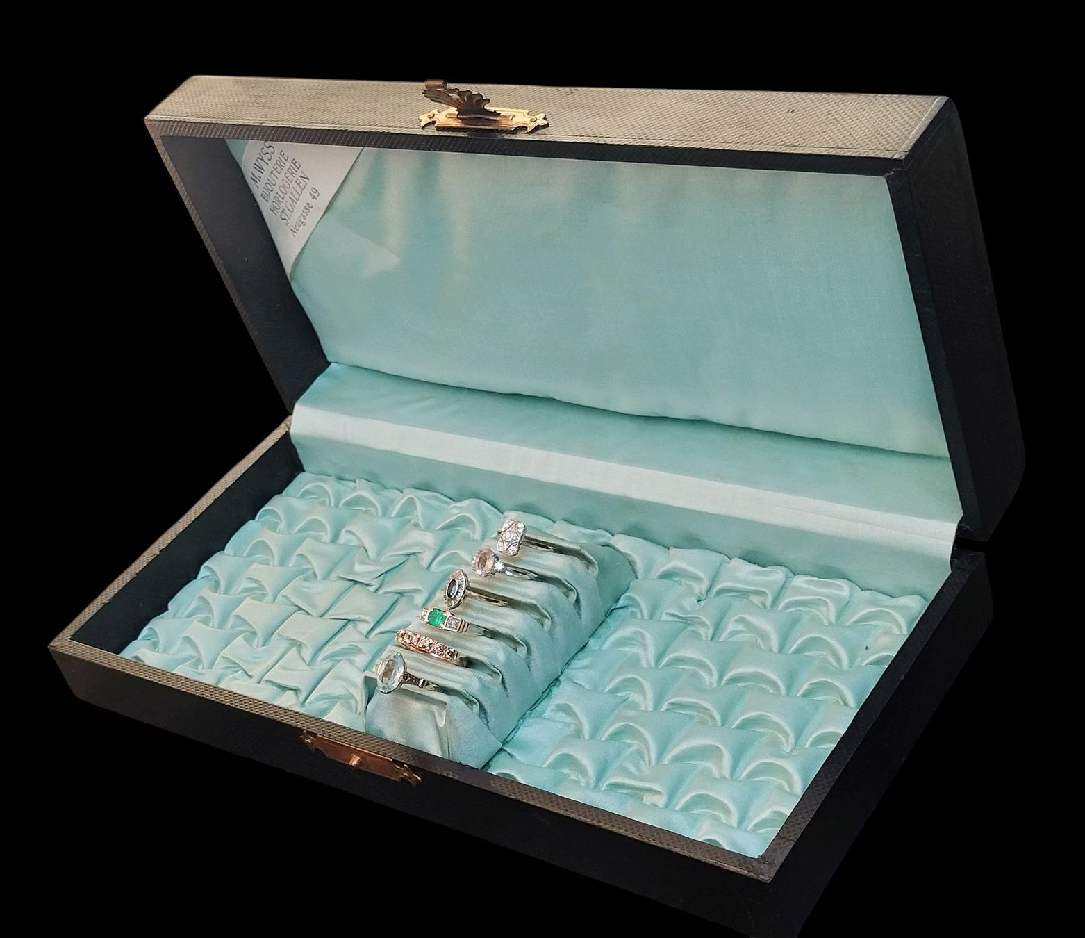 Portagioie: Antike Ringbox Schmuckbox Koffer Schwarz mit Türkis Seide – Usato da schwyz venduto da larry91sz 5