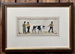 antikes Bild Bauer mit Kuh am Markt sig. und Handkoloriert