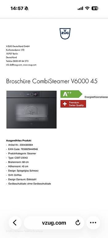 V-Zug Elettrodomestici da cucina: V-ZUG Backofen + Combi Steamer V6000 Grifflos – Usato da Magden venduto da 0007mich 1