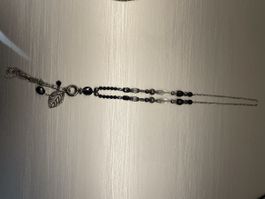 Lange Boho Statement Kette Schwarz Silber Blatt Anhänger
