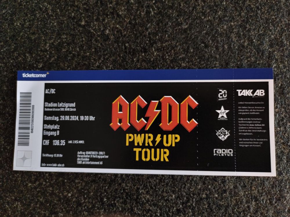 AC/DC Ticket, 29.06.2024, Letzigrund Zürich, Stehplatz 1 Stk (Neu ...