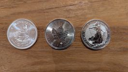 3 × 1 oz Silbermünzen – Krügerrand, Maple Leaf & Britannia
