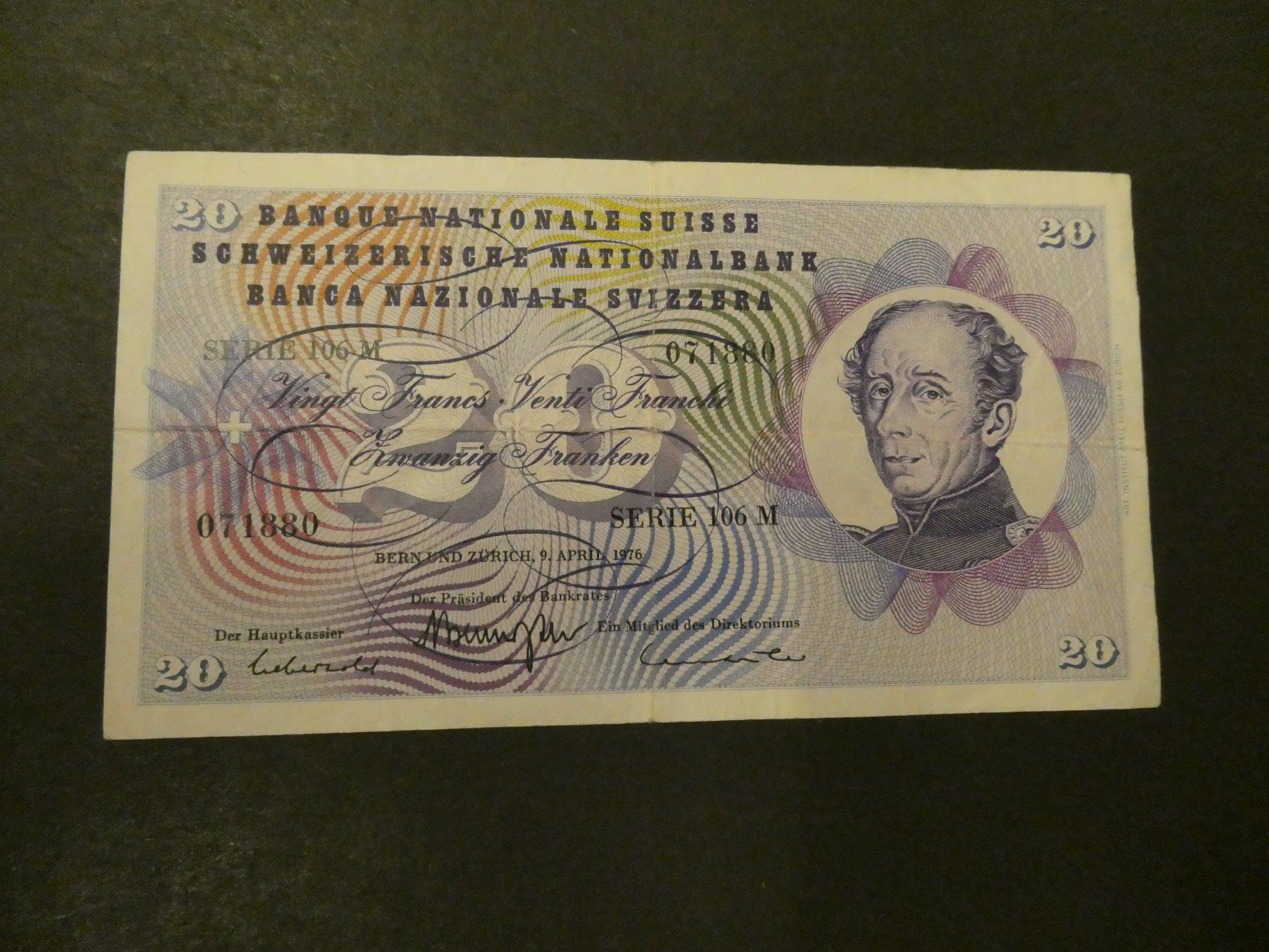 Banknoten: Schweiz 1976, 20 Franken – Gebraucht aus Hinterforst von Rohusri