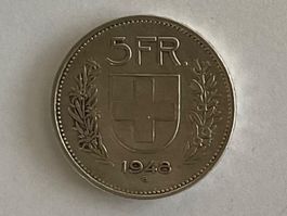 5 Franken Münze 1948 B ..Silber..gebraucht ..siehe Scan