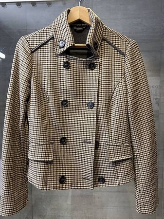 Damen Kurzmantel kariert Wolle braun schwarz Grösse S