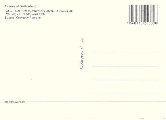 Cartoline postali: Fokker 100, Helvetic Airways – Usato da Zuerich venduto da OceanLinerPostcards 1
