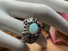 Opalring in Sterlingsilber, reich verziert,  Gr. 55
