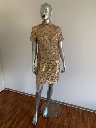 AKRIS: Festlich-glamouröses Kleid aus Gold-Pailletten, 38