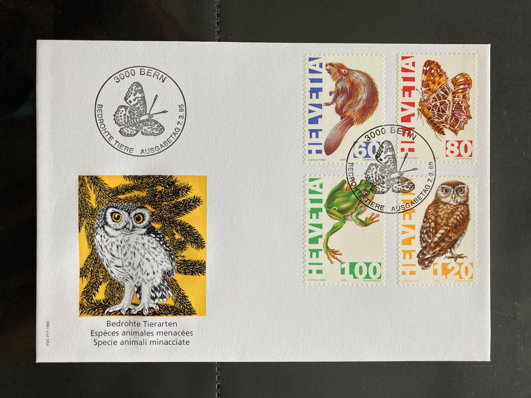 Alle Briefmarken: Schweiz 1995 Ersttagsbrief Satz bedrohte Tiere – Neu (gemäss Beschreibung) aus Winterthur von schnueps