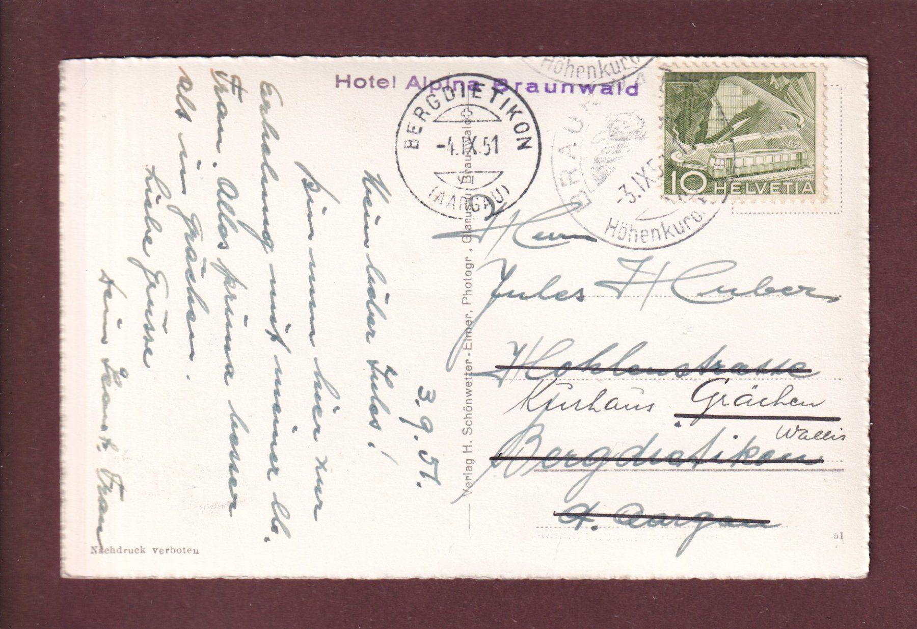 Cartes postales: BRAUNWALD - Tödikette - 1951 – D'occasion à Pully par nicecards 1