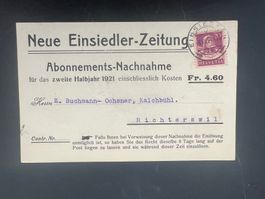 Nachnahme Karte Abo Neue Einsiedler Zeitung 1921 (V855)