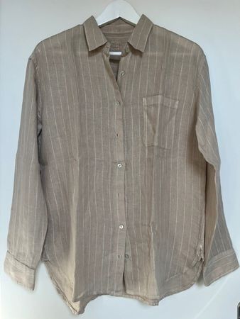 Leinen-Bluse hellbraun mit weissen Nadelstreifen