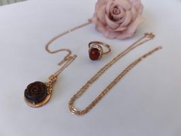 Kirschbernstein Set Rose Kette Ring 925  roségold Bernstein