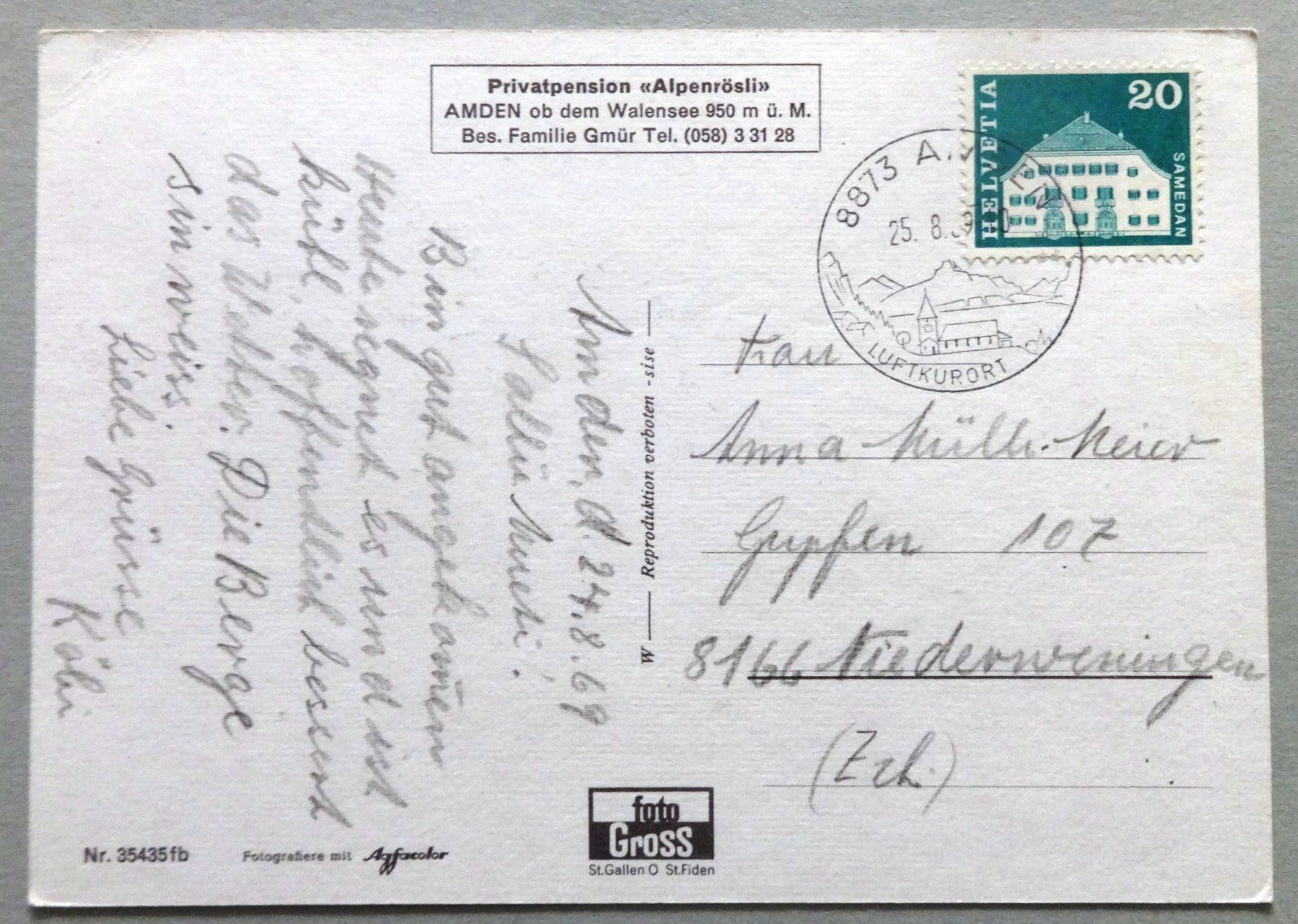 Cartoline postali: Privatpension "Alpenrösli", Amden ob Walensee – Difettoso da Fétigny venduto da Billy2miny 1