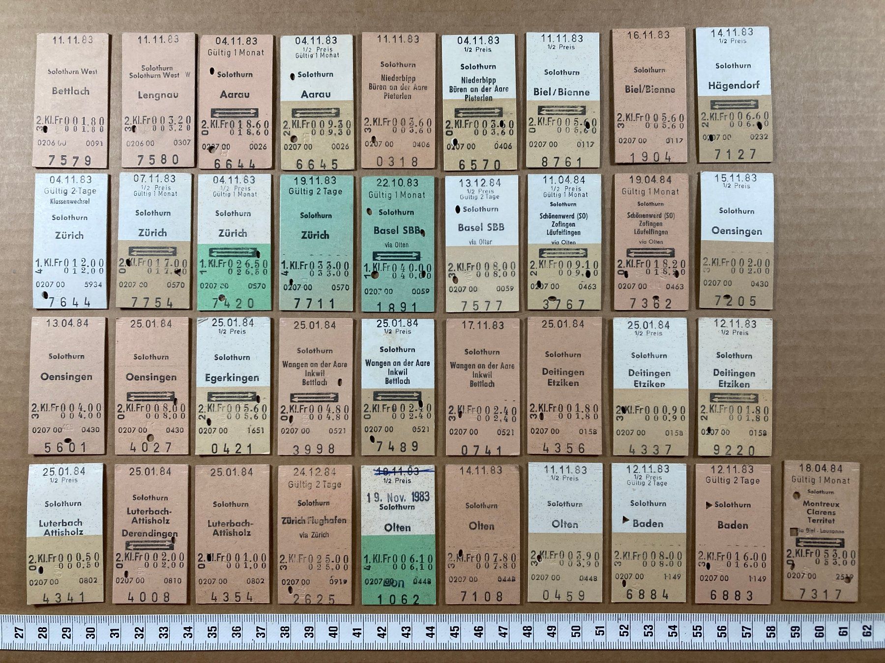 Tickets: Solothurn, 37 Edmondsonsche Bahn Billette, 1983, 1984, SBB – Gebraucht aus Lenzburg von fh1