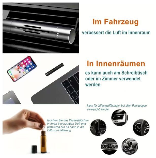 Diffusori di oli essenziali: Auto-Duftdiffusor, Alu. schwarz lackiert, u. 6 neue Einsätze – Nuovo e nell'imballaggio originale da Windisch venduto da Vindonissa07 2