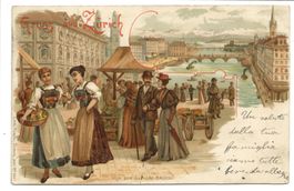 Gruss aus Zürich - Stadt - Gemüsebrücke - Markt - Litho 1903