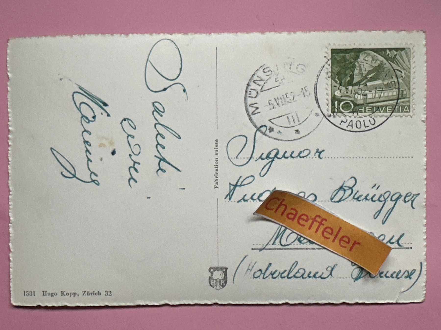 Cartoline postali: 1952 Bellinzona, Caserna – Usato da Zürich venduto da Chaeffeler 1