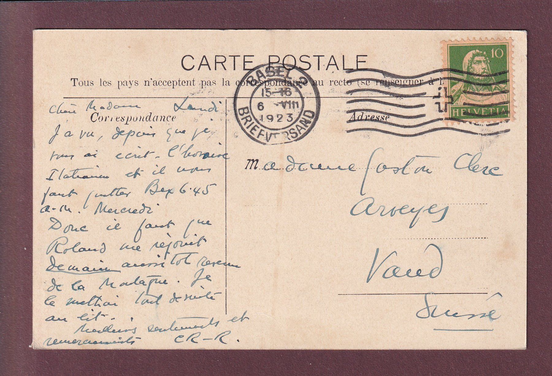 Cartoline postali: BASEL - Fischmarktbrunnen - 1923 – Usato da Pully venduto da nicecards 1