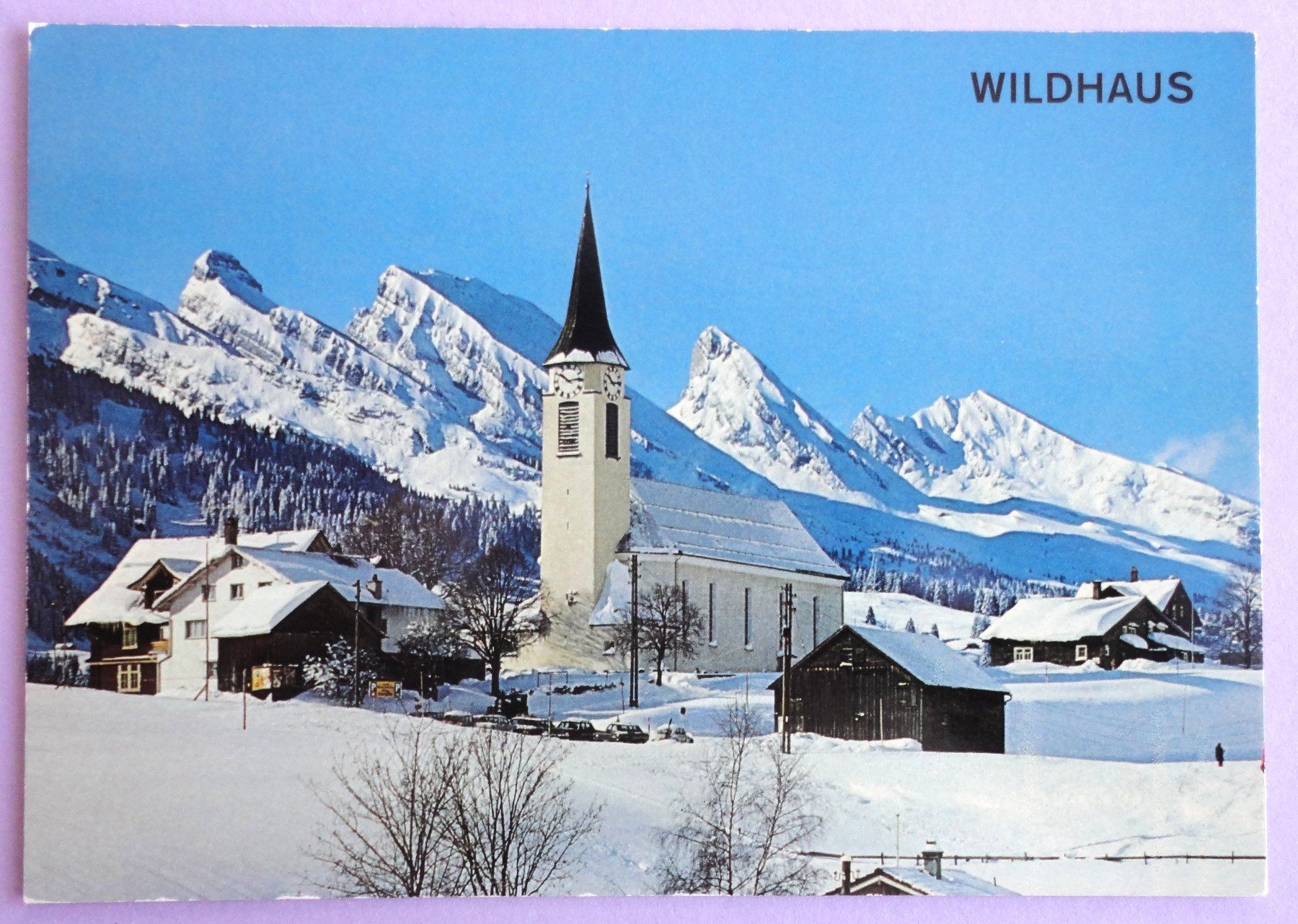 Ansichtskarten: Wildhaus, Kath. Kirche mit Churfirsten – Gebraucht aus Fétigny von Billy2miny