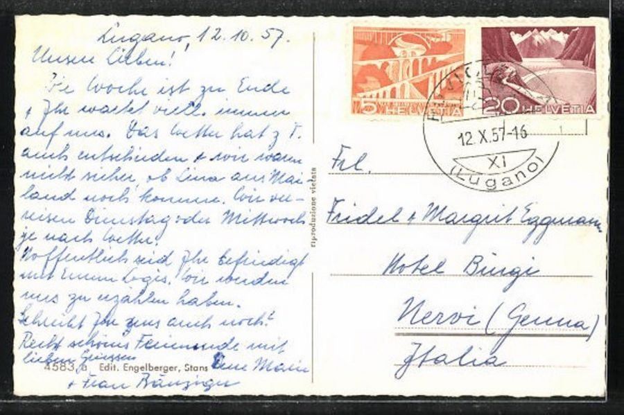 Ansichtskarten: Ruvigliana, piazza, oldtimer, circolata 1957 – Gebraucht aus Frauenfeld von POML 1