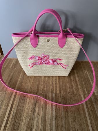 Longchamp Tasche pink neu Bast/Leder mit Stickerei