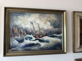 Ölgemälde Segelschiff stürmische See signiert gerahmt