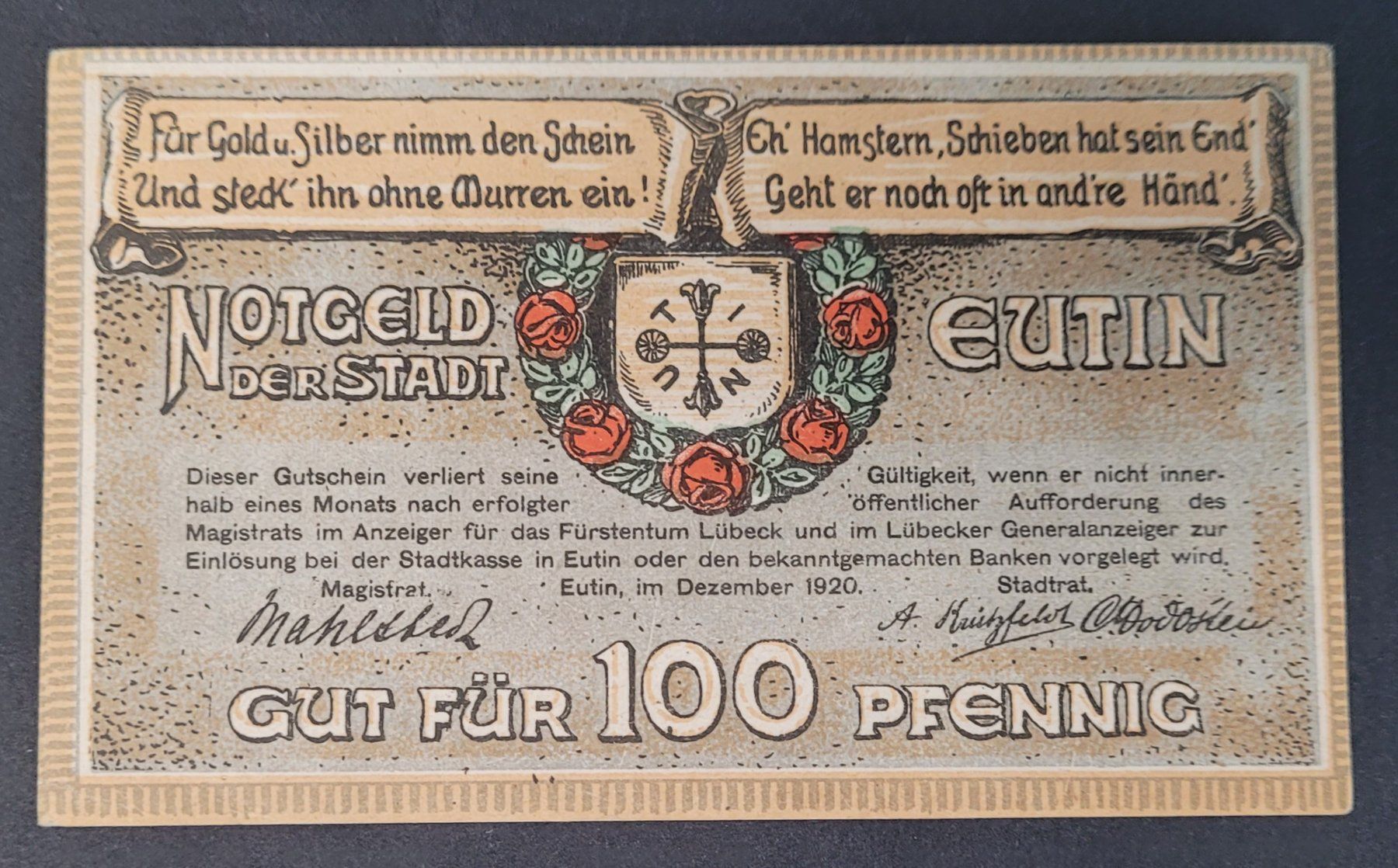 Banknoten: 100 PFENNIG / EUTIN 1920 – Gebraucht aus Mumpf von antonio_schweiz_961