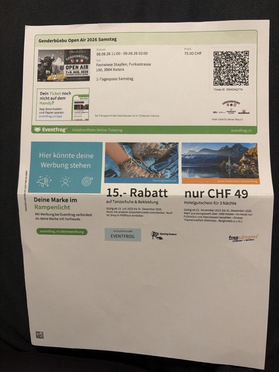 Billets: Genderbüebo Ticket  – Neuf avec emballage d'origine à Eggerberg par nicolas.wasmer