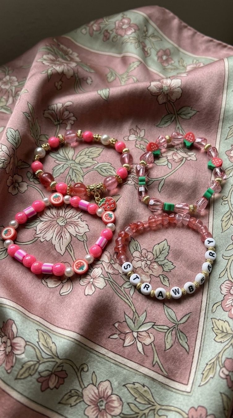 Bracciali & Braccialetti: Lots de 4 bracelets perles fraises rose – Nuovo e nell'imballaggio originale da St-Maurice venduto da Sandrinette123