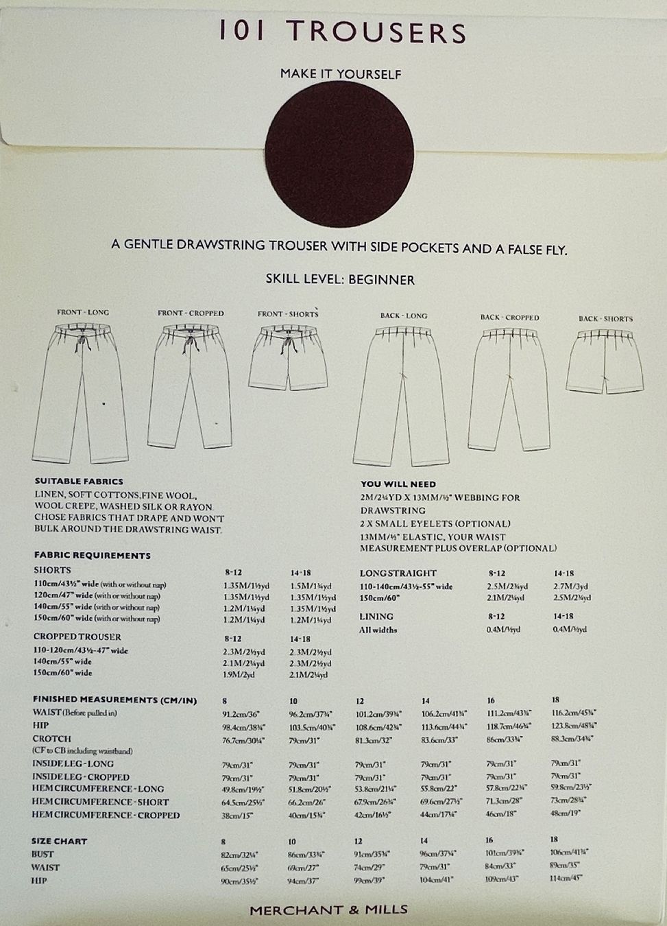 Schnittmuster: Merchant & Mills _ Schnittmuster  101 Trousers – Neu und originalverpackt aus Silvaplana von Lotzis 1