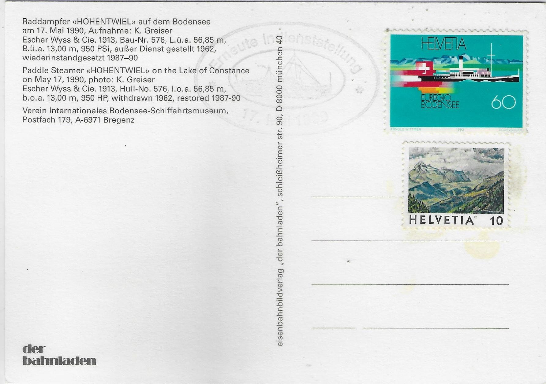Cartoline postali: Raddampfer "Hohentwiel" Bodensee - Paddle Steamer – Usato da Ettingen venduto da Kartenplanet 1