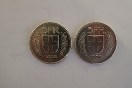 2 Stück Schweizer 5 Franken Silber Jg.1933
