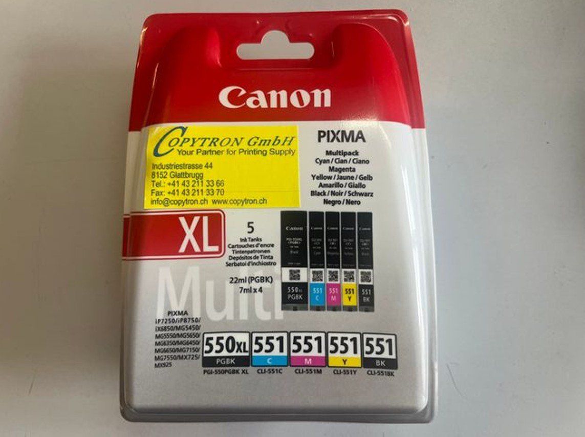 Canon Cartucce per stampanti & toner: PGI-550XLPGBK + CLI-551BK + CLI-551C + CLI-551M + CLI-551Y – Nuovo e nell'imballaggio originale da Glattbrugg venduto da copytron