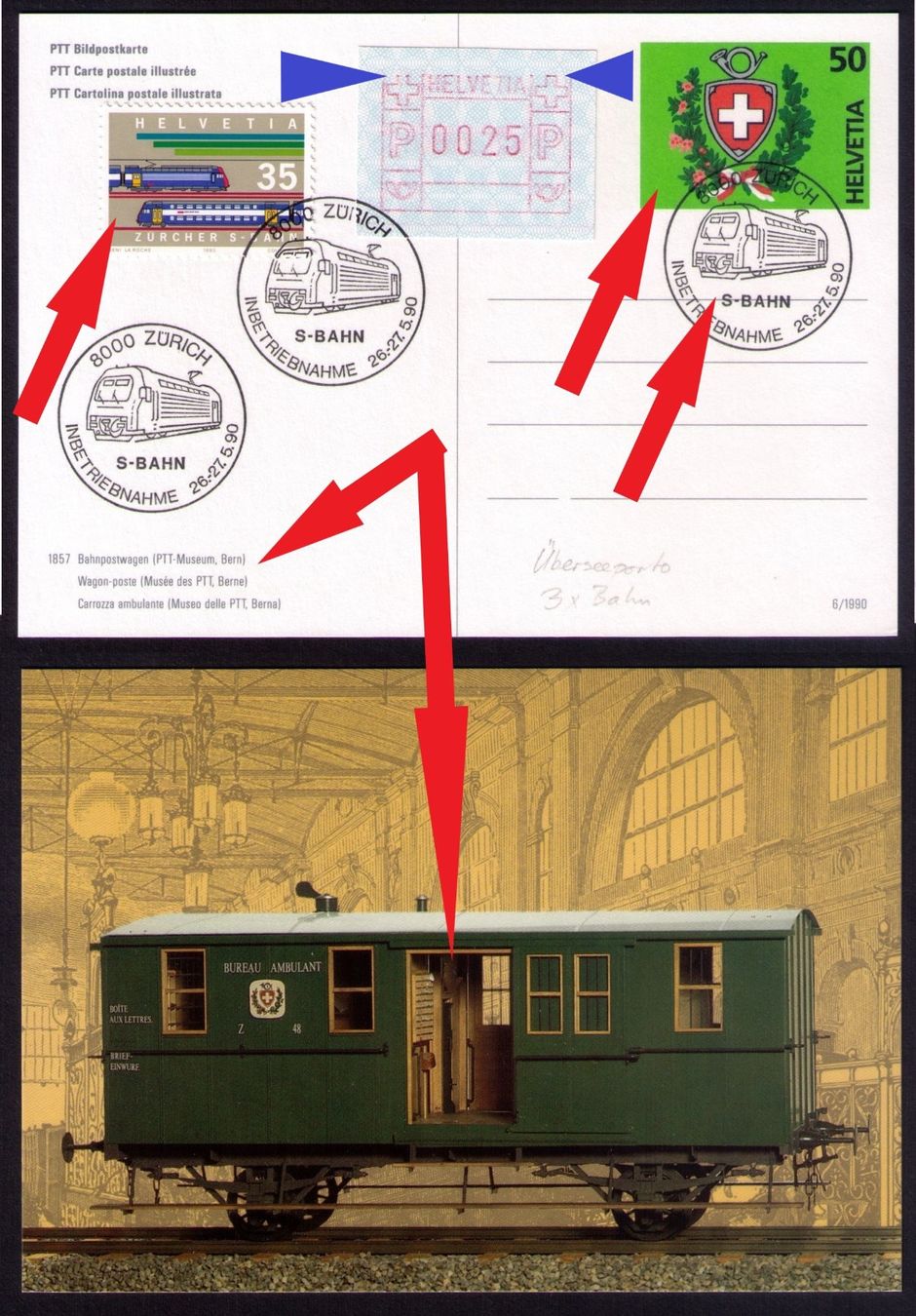 Alle Briefmarken: 1990_786_SONDER-O_INBETRIEBNAHME S-BAHN ZÜRICH_Bahnpostwagen – Gebraucht aus Marthalen von Ch_quality