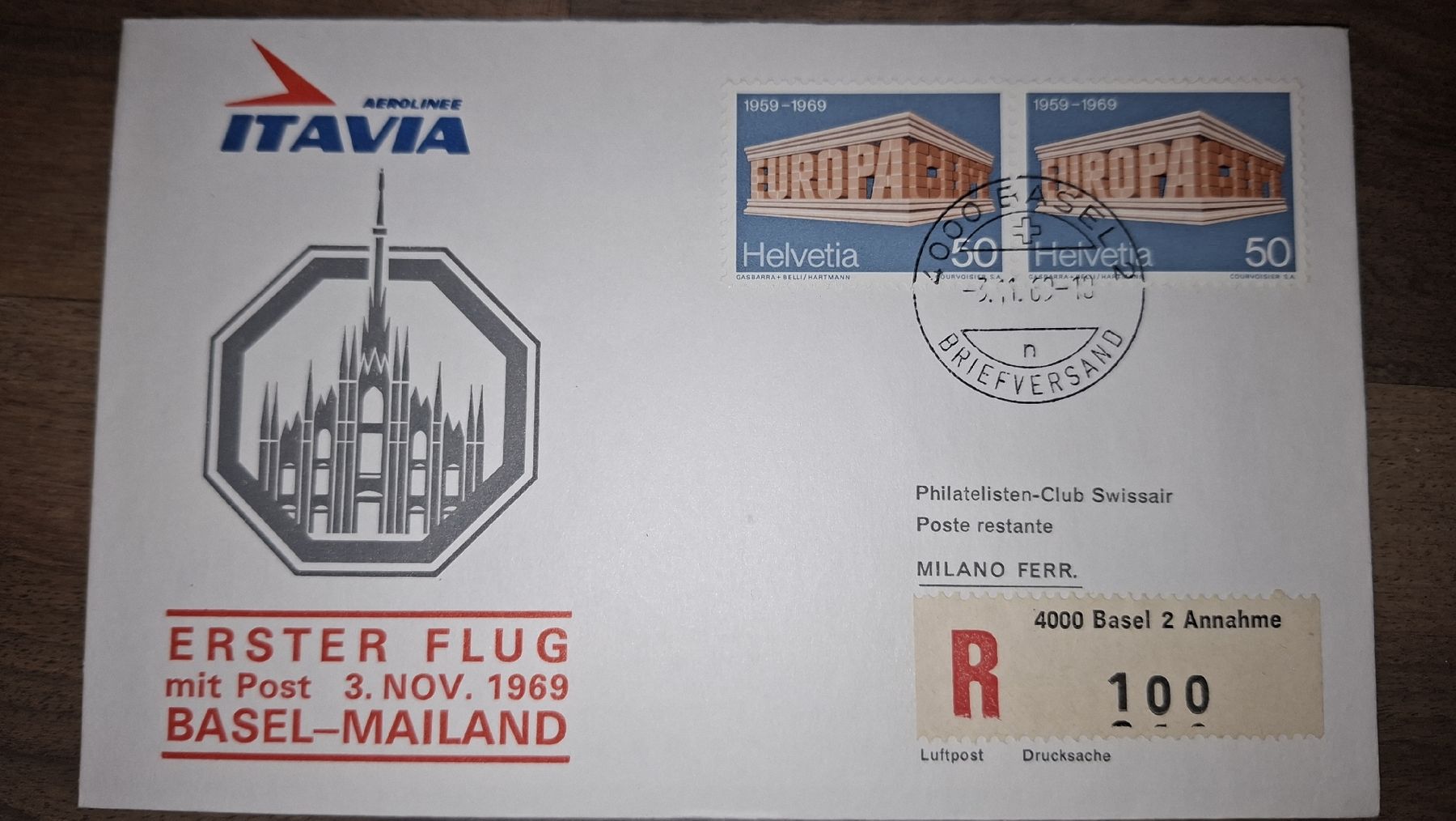 Tutti i francobolli: Itavia Basel - Mailand 03.11.1969 – Usato da Balgach venduto da SIMEON27