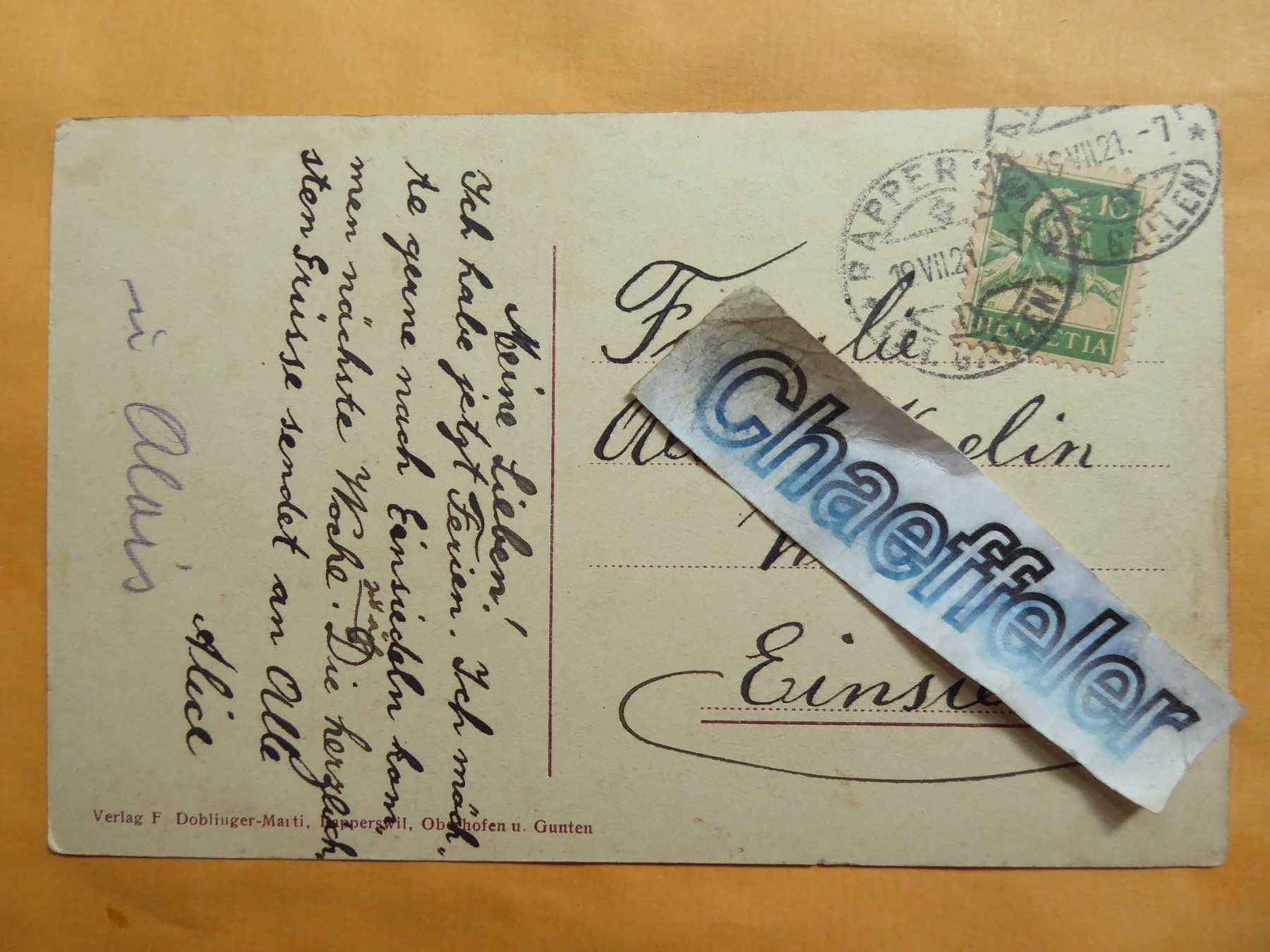 Cartes postales: 1921  Rapperswil.  Schloss – D'occasion à Zürich par Chaeffeler 1