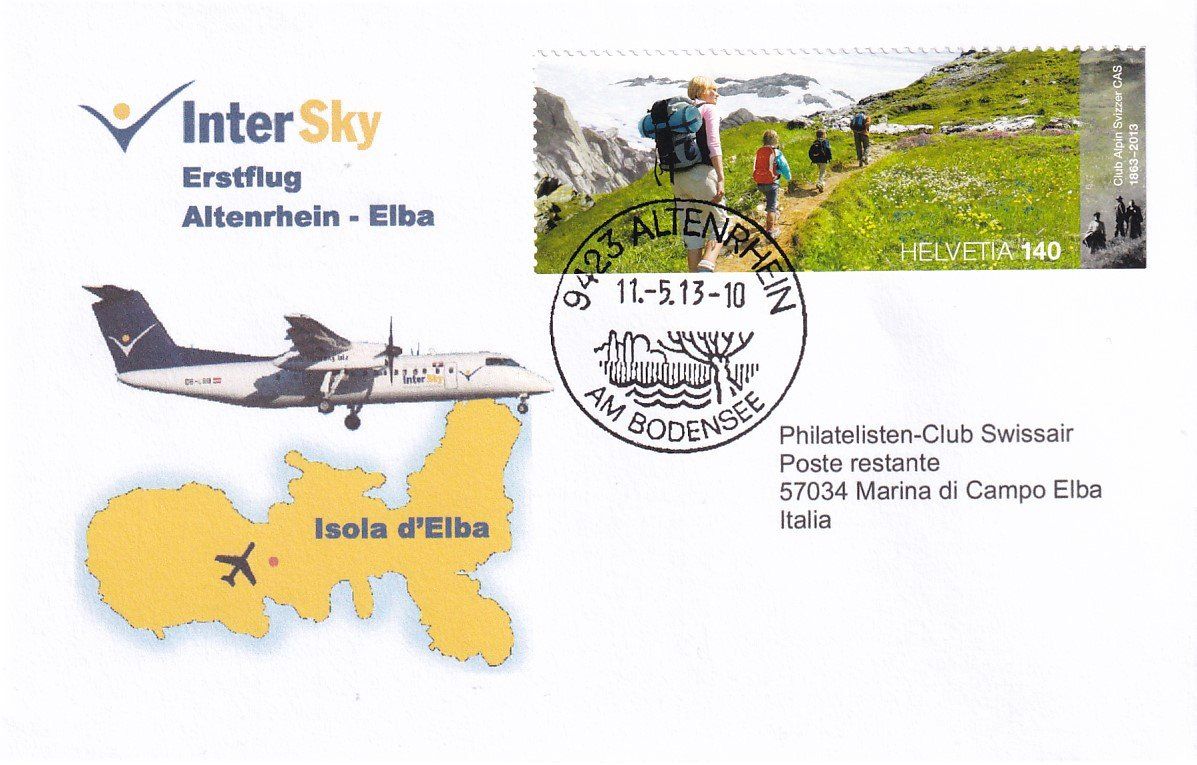 Tutti i francobolli: Erstflug InterSky Altenrhein - Elba 2013 – Usato da Baar venduto da Asmara111