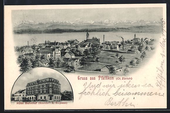 Cartoline postali: Pfäffikon /ZH, Hotel Bahnhof Bes.: A. R – Usato da Berlin venduto da bartko-reher