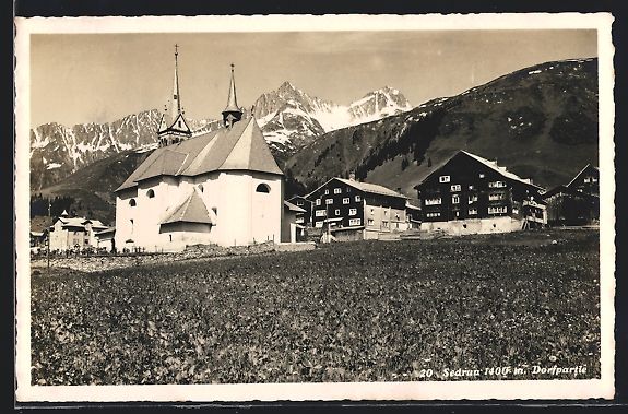 Cartoline postali: AK Sedrun, Ortspartie mit Kirche, 1933 – Usato da Berlin venduto da bartko-reher