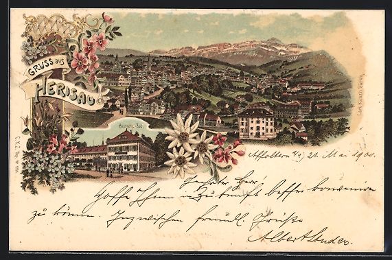 Cartoline postali: Litho Herisau, Heinrichs-Bad, Panorama – Usato da Berlin venduto da bartko-reher