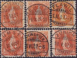 1907 Stehende Helvetia, Nr.86A Vollstempel-Lot mit 32 Werten