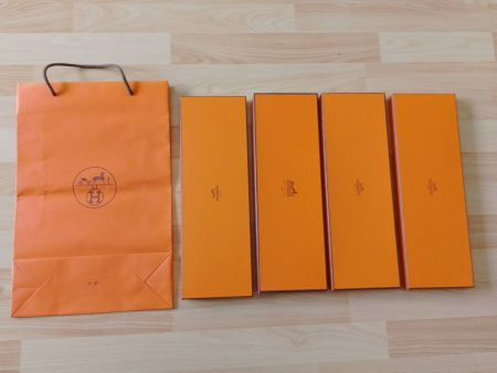4 Stk. Hermès Schachteln Box Orange Krawatten + 1 Sack TOP!